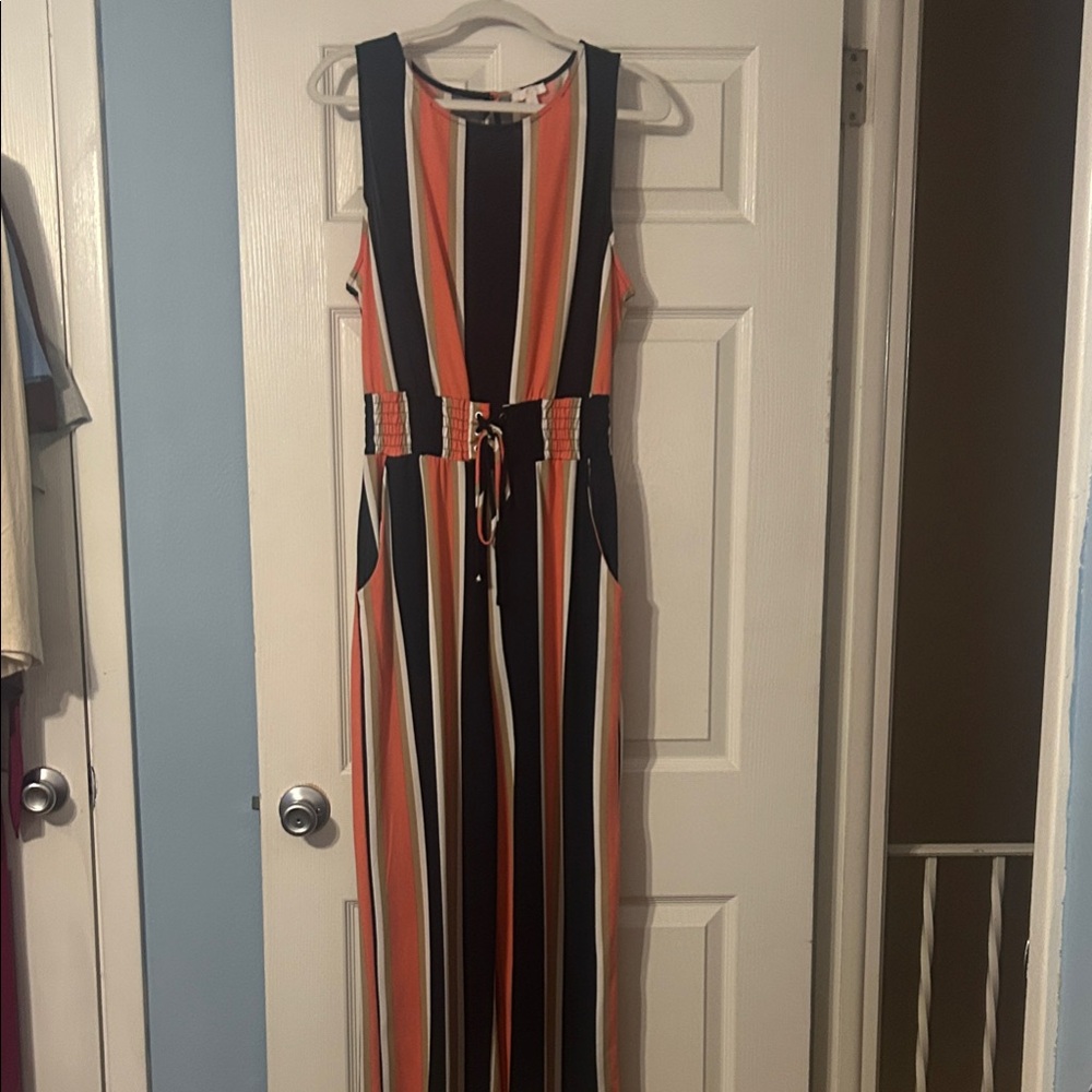Striped Sleeveless Jumpsuit in Black, Orange, Cream
